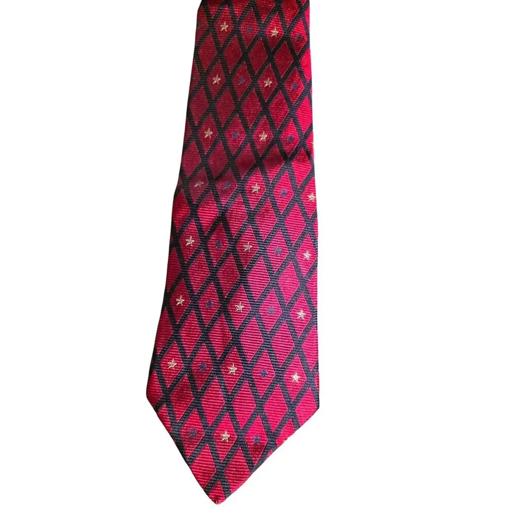 Vintage Repp Necktie Tommy Hilfiger Silk Red &‎ Black Diamond Star Men